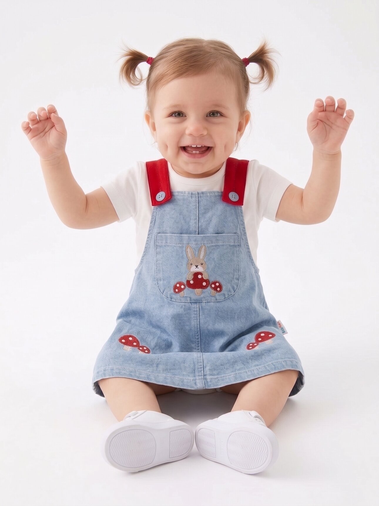 Pamuklu Tavşan Detaylı Cepli  Kot Salopet 2li Kız Bebek Elbise