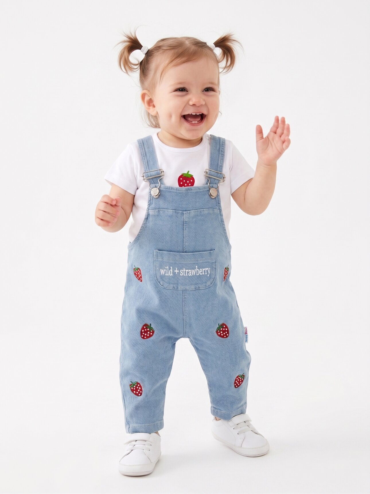 Pamuklu Çilek Detaylı Cepli Kot 2li Kız Bebek Salopet