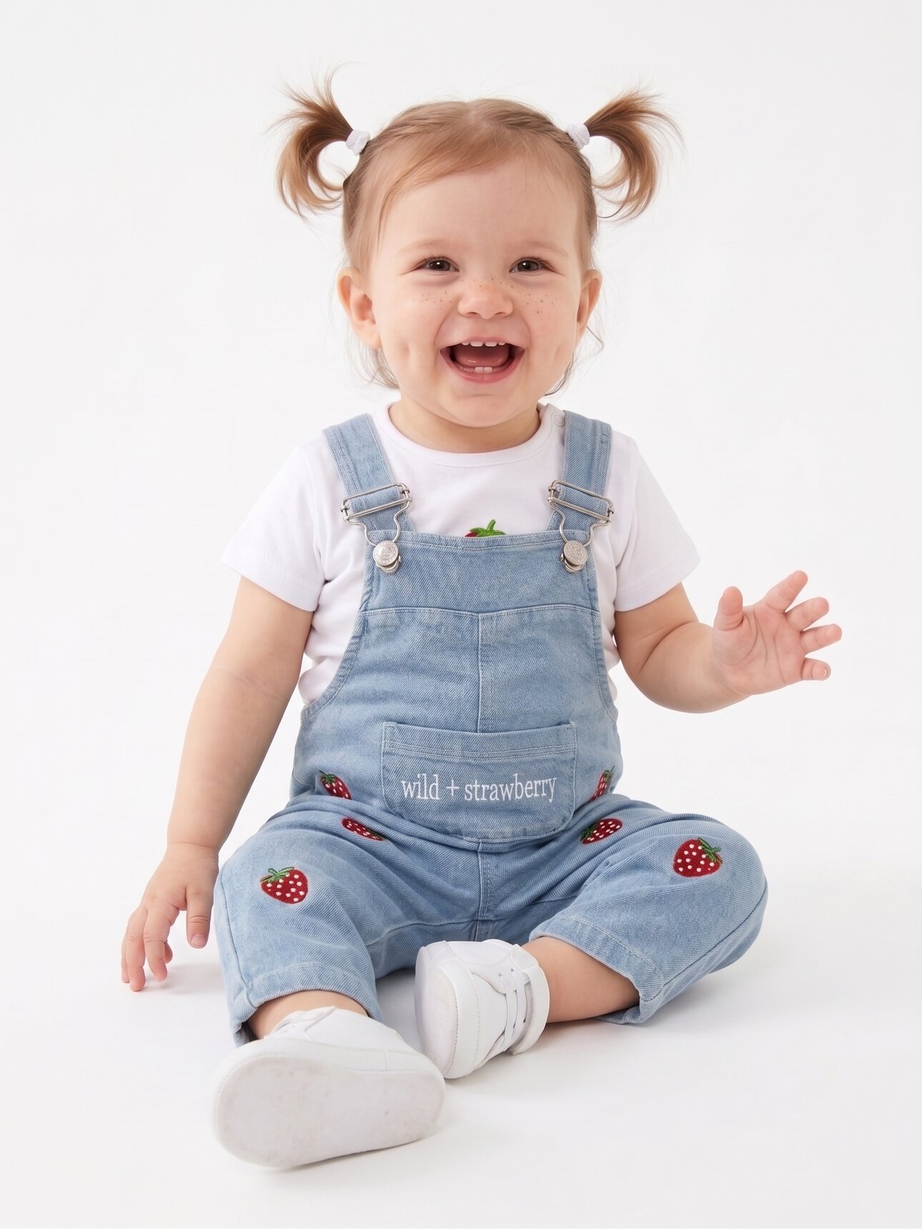 Pamuklu Çilek Detaylı Cepli Kot 2li Kız Bebek Salopet