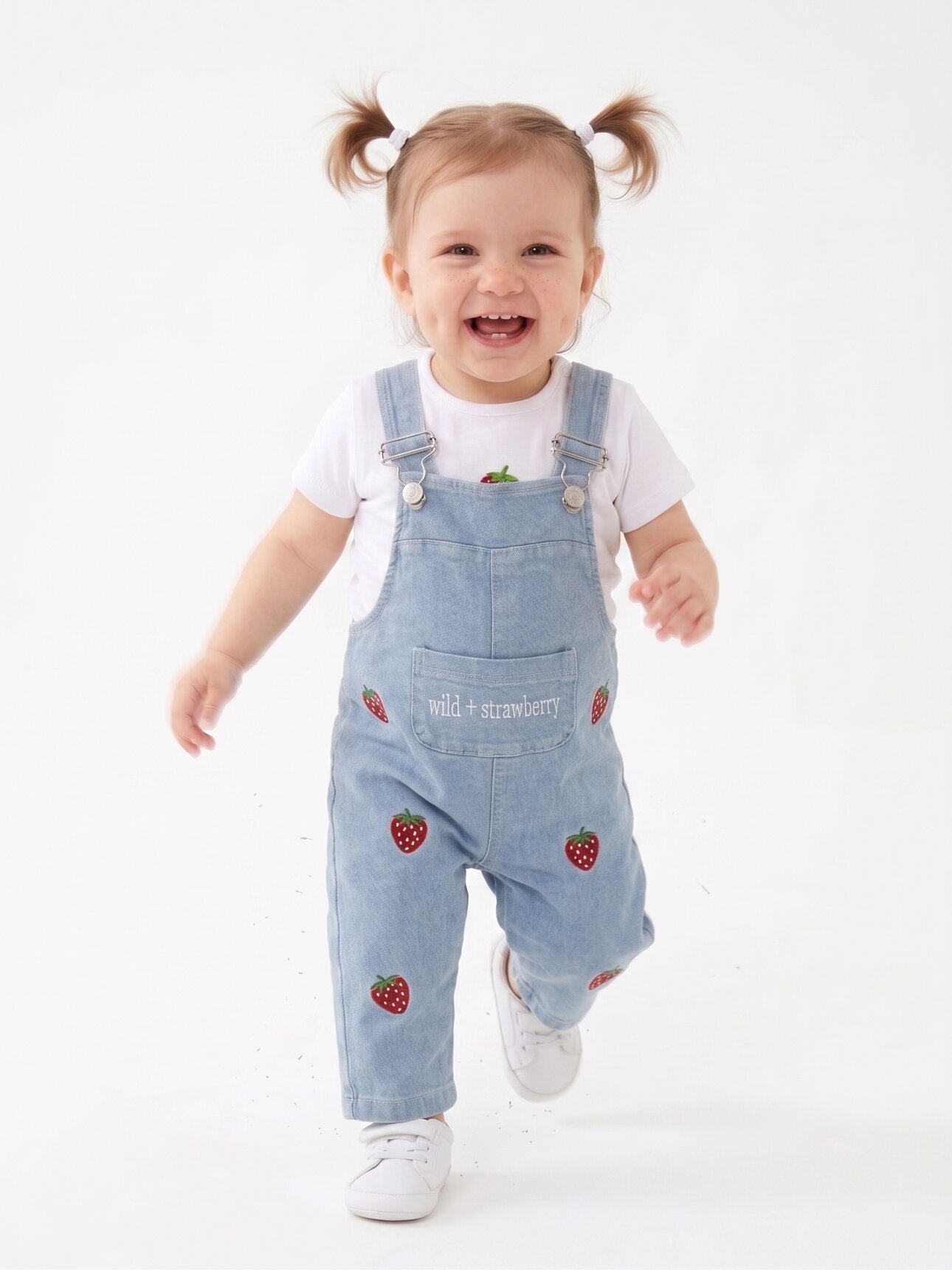 Pamuklu Çilek Detaylı Cepli Kot 2li Kız Bebek Salopet