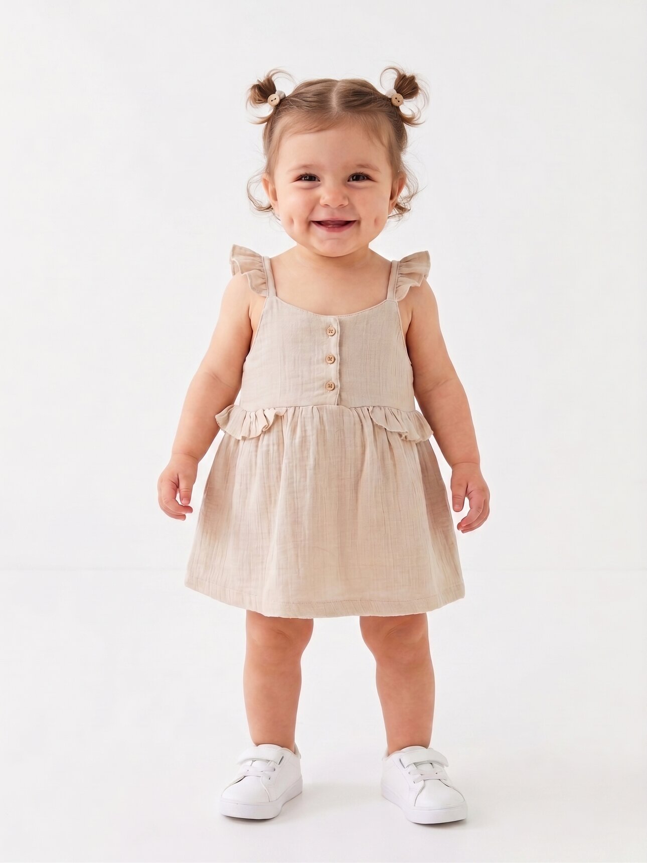 Organik Kumaş Pamuklu Fırfırlı Detaylı  Kız Bebek Elbise
