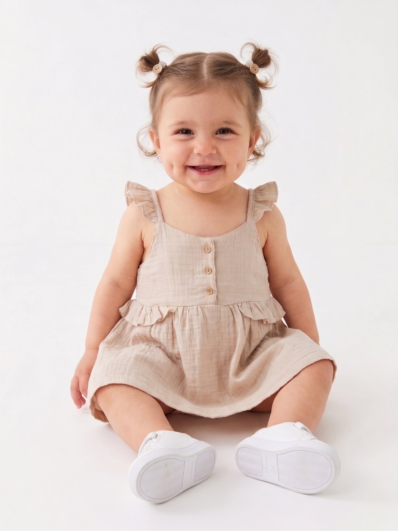 Organik Kumaş Pamuklu Fırfırlı Detaylı  Kız Bebek Elbise