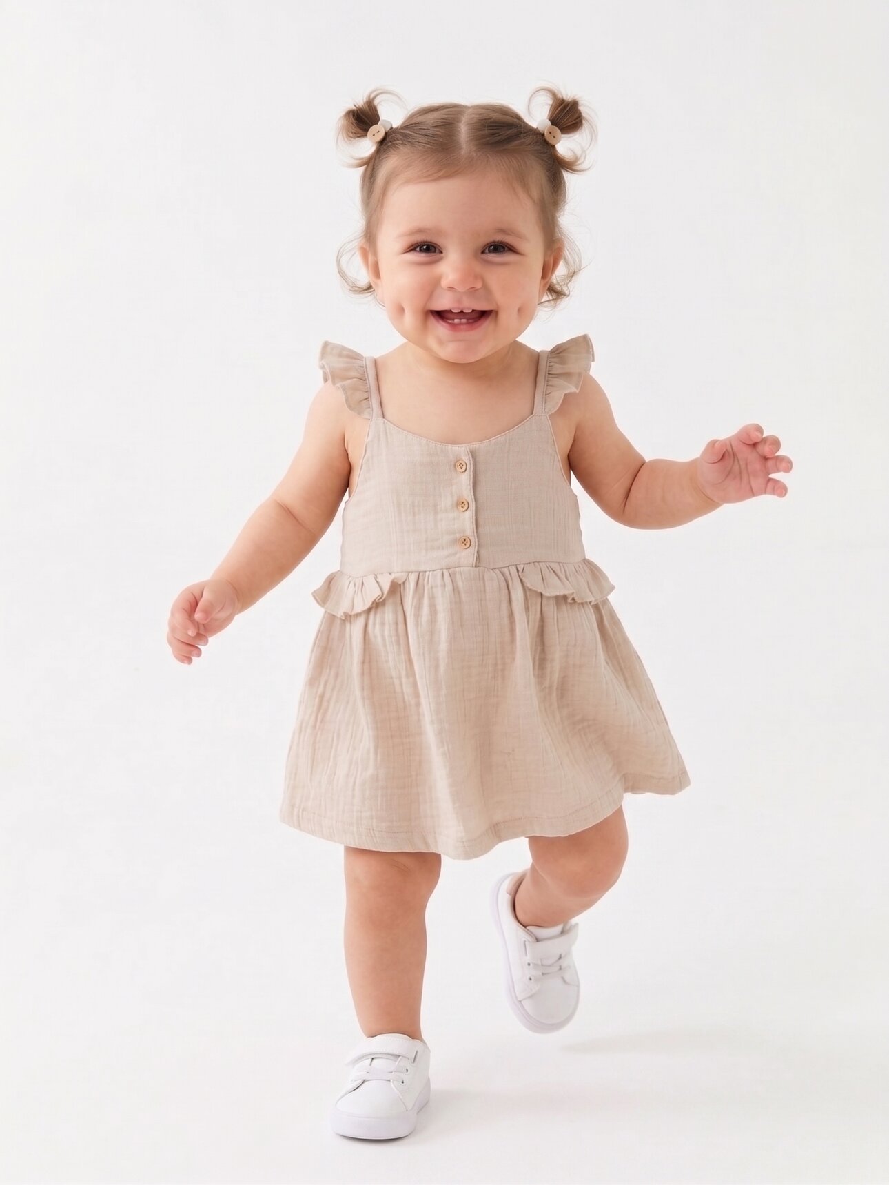 Organik Kumaş Pamuklu Fırfırlı Detaylı  Kız Bebek Elbise