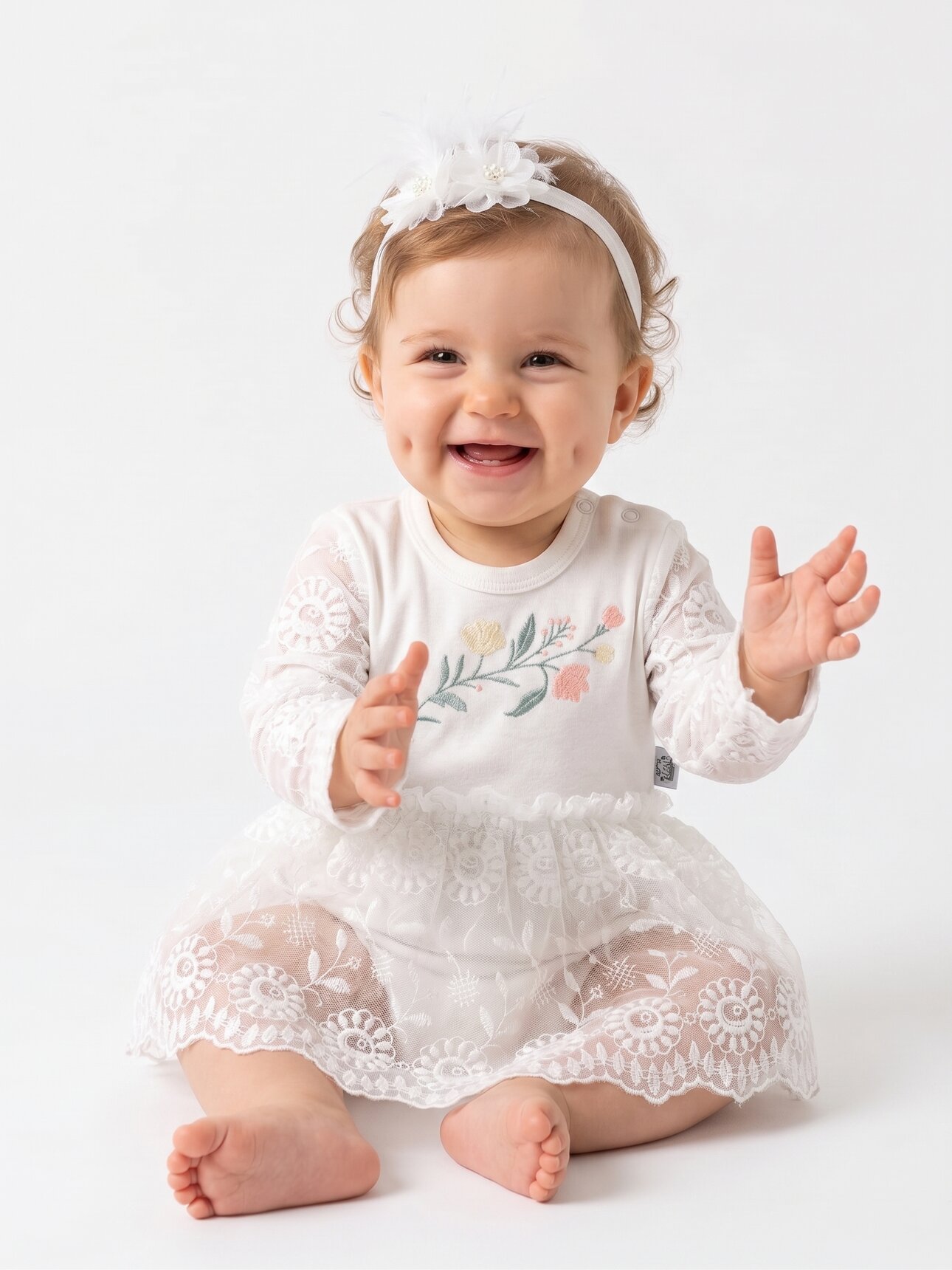 Pamuklu Çiçek Nakışlı  Bandanalı 2li Kız Bebek Elbise