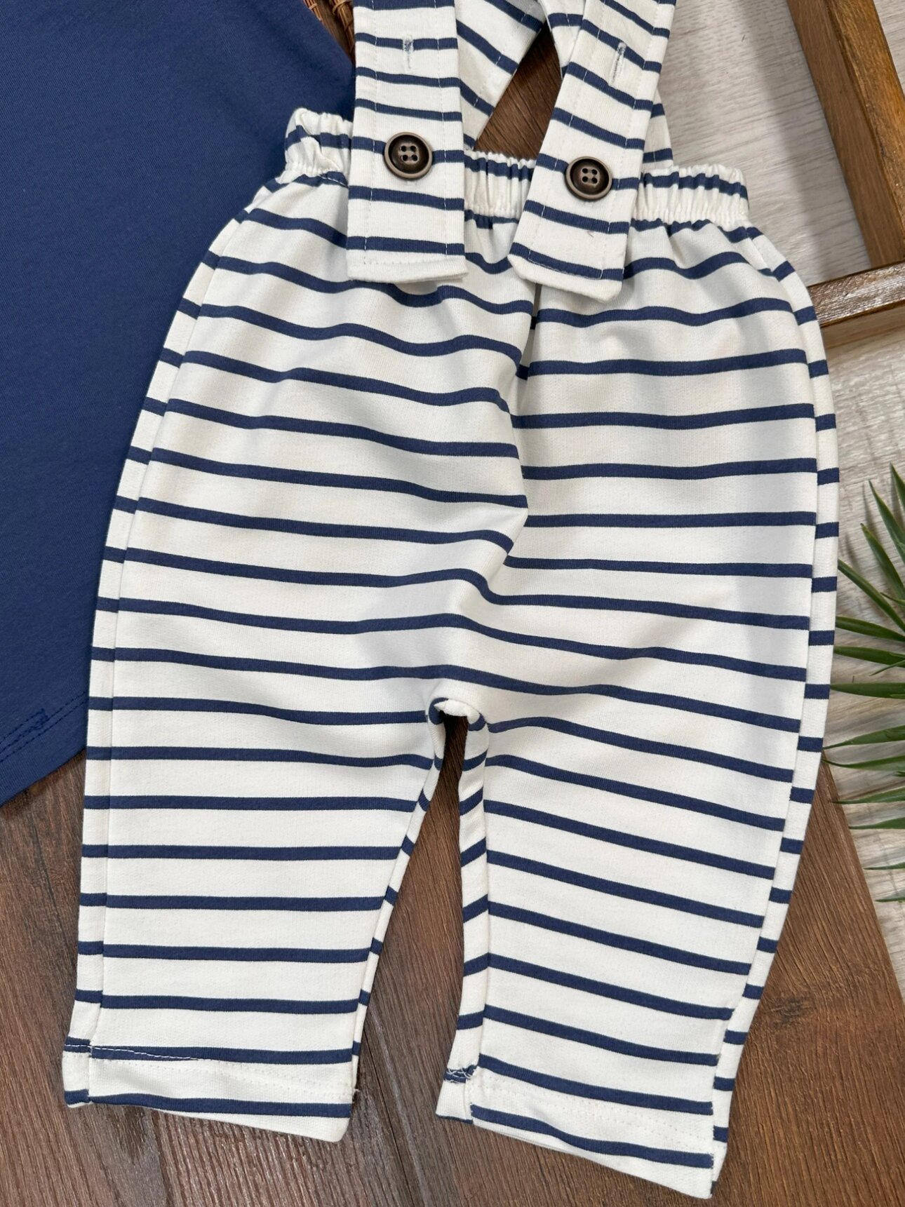 Pamuklu Omuzdan Çıtçıtlı Çizgili Salopet Erkek Bebek 3lü Takım
