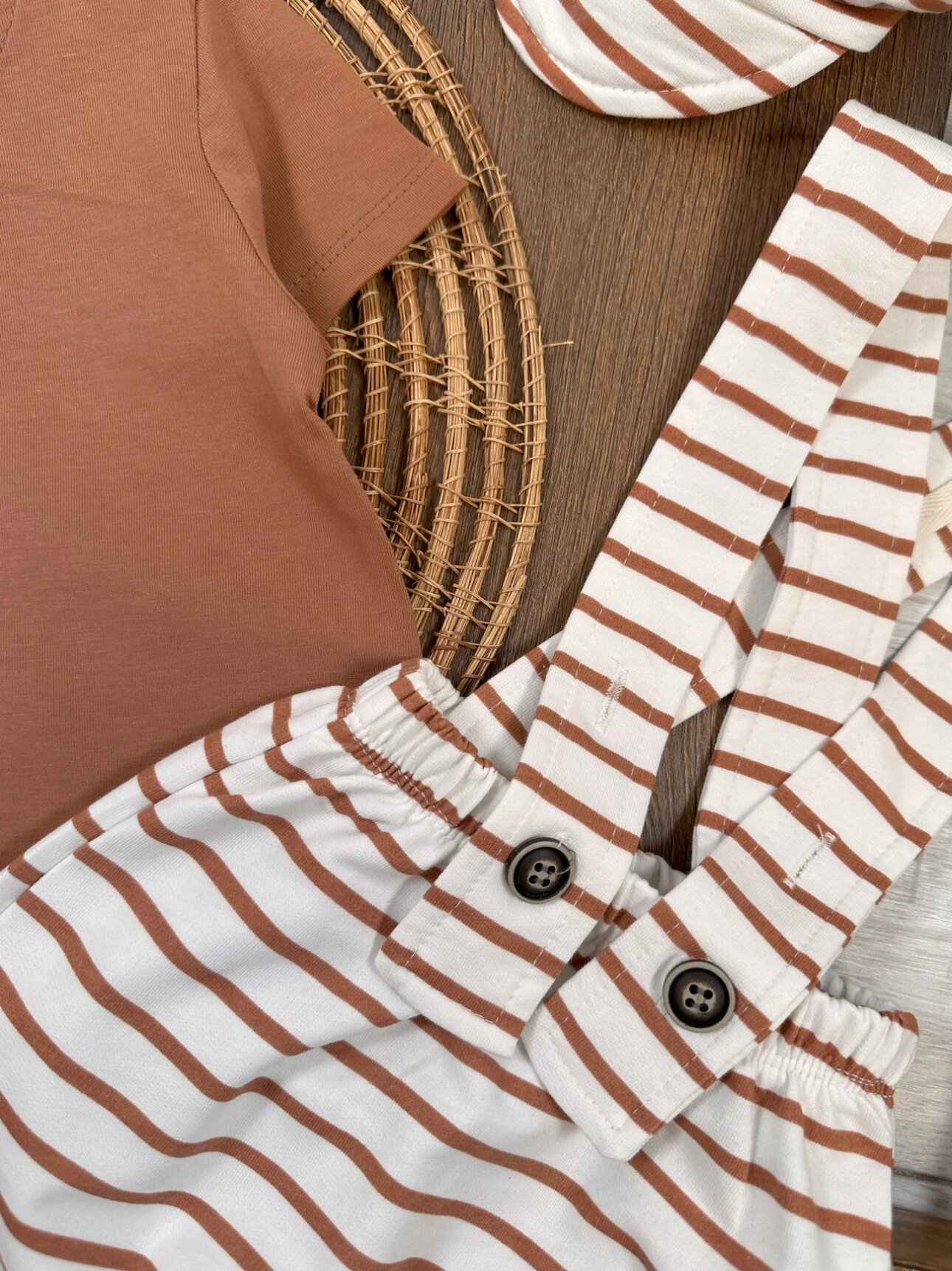 Pamuklu Omuzdan Çıtçıtlı Çizgili Salopet Erkek Bebek 3lü Takım