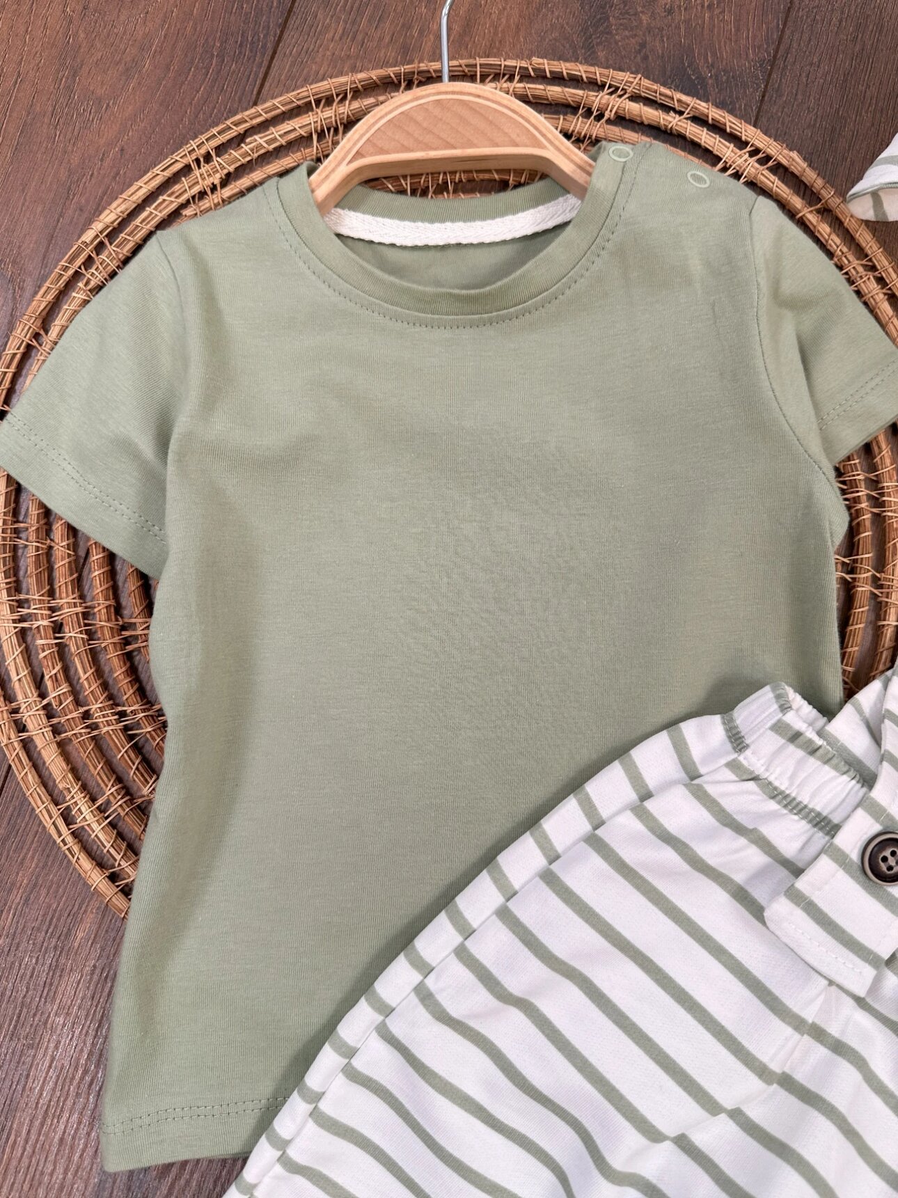 Pamuklu Omuzdan Çıtçıtlı Çizgili Salopet Erkek Bebek 3lü Takım