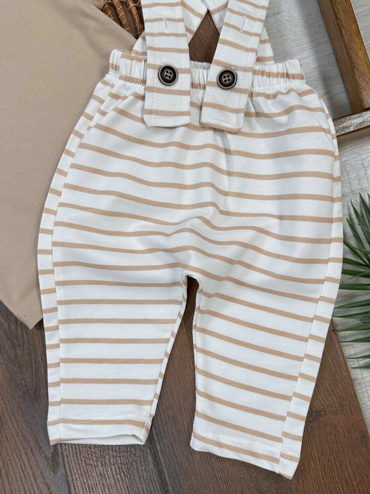 Pamuklu Omuzdan Çıtçıtlı Çizgili Salopet Erkek Bebek 3lü Takım
