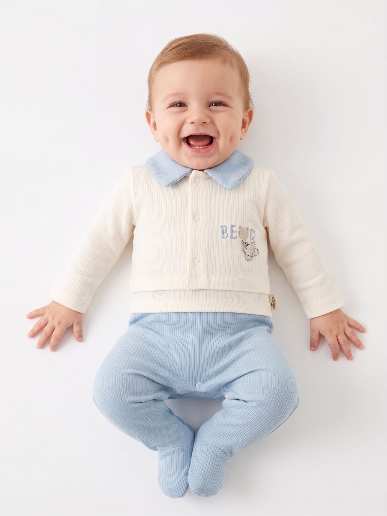Pamuklu  Ayıcık Detaylı Çıtçıtlı Bebe Yaka Tulum Erkek Bebek Takım Varyantı