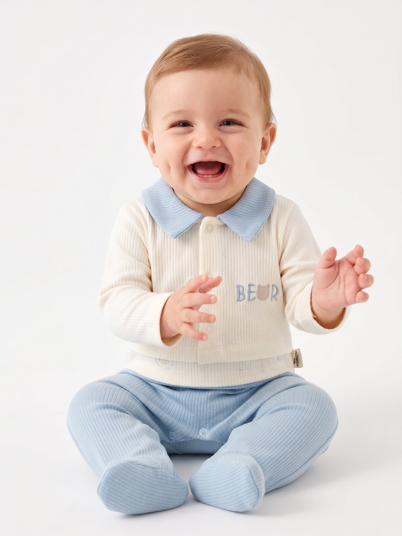 Pamuklu  Ayıcık Detaylı Çıtçıtlı Bebe Yaka Tulum Erkek Bebek Takım - Detay Görseli 2