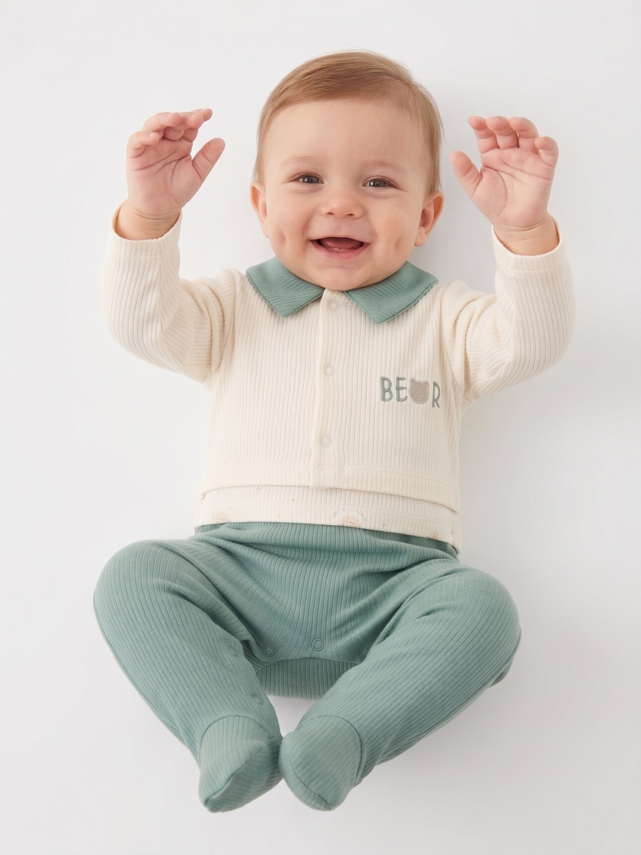 Pamuklu  Ayıcık Detaylı Çıtçıtlı Bebe Yaka Tulum Erkek Bebek Takım - Detay Görseli 1