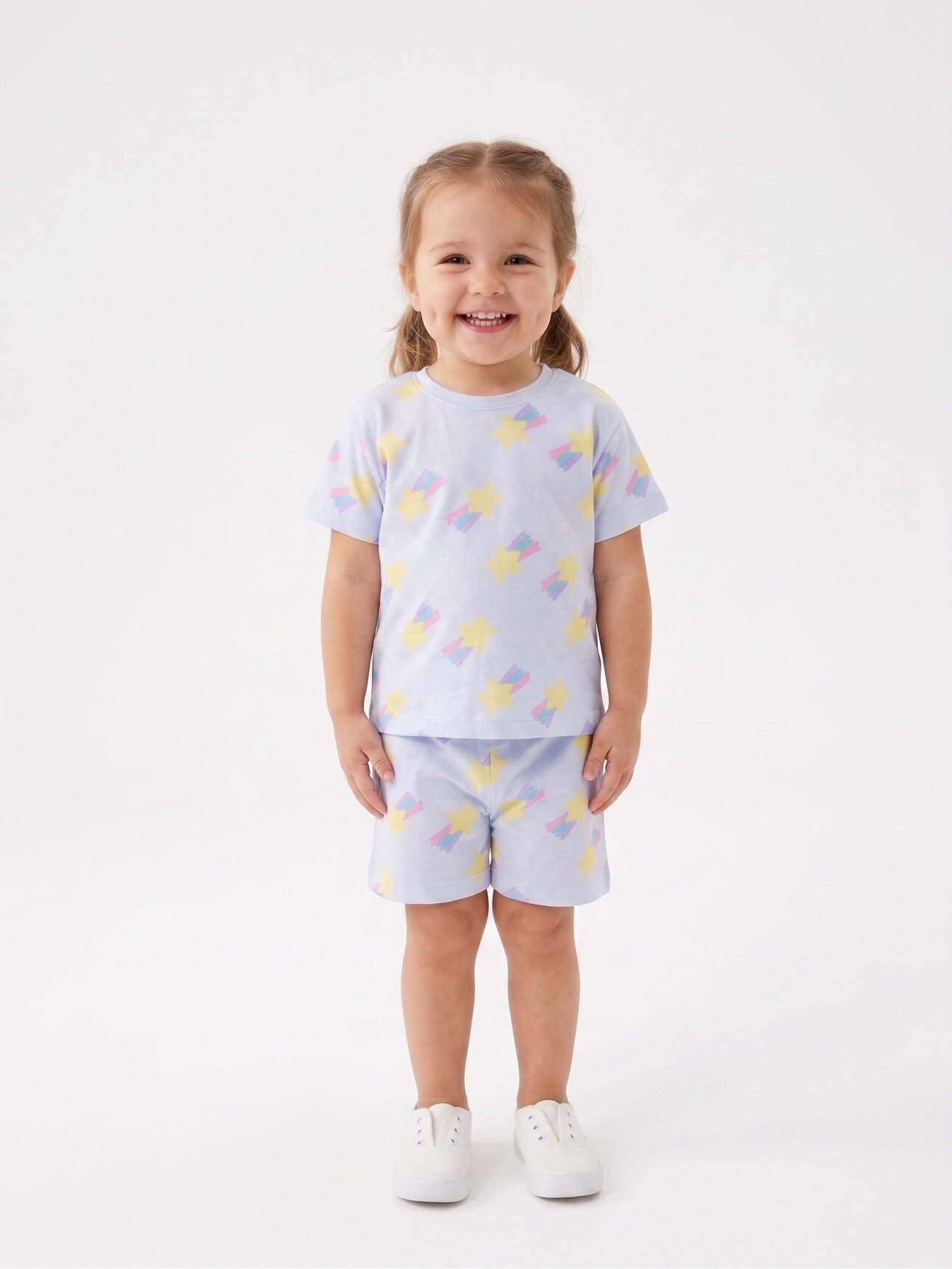 Pamuklu Yıldız Detaylı 2li Şortlu Günlük Kız Çocuk Takım Pijama Takımı - Görsel 2