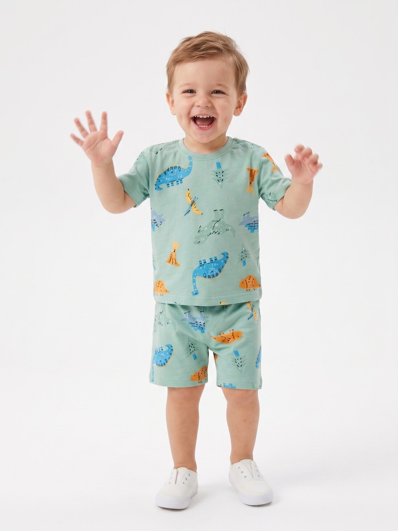 Pamuklu Dinazor Detaylı 2li Erkek Çocuk Şortlu Günlük Takım Pijama Takımı - Görsel 2