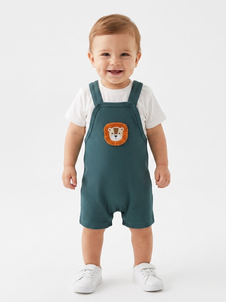 Pamuklu Gofre Kumaş Aslan Detaylı T shirt Salopet 2li Erkek Bebek Takım - Görsel 2