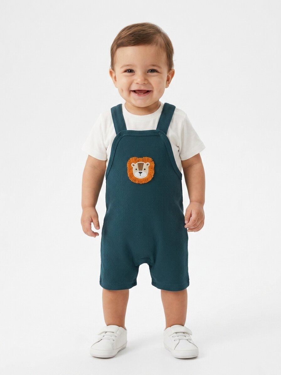 Pamuklu Gofre Kumaş Aslan Detaylı T shirt Salopet 2li Erkek Bebek Takım - Görsel 3