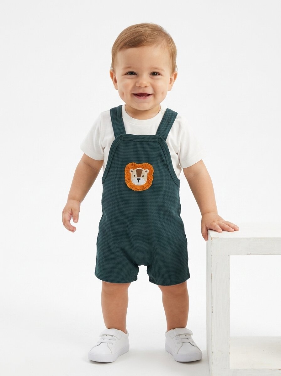 Pamuklu Gofre Kumaş Aslan Detaylı T shirt Salopet 2li Erkek Bebek Takım - Görsel 4