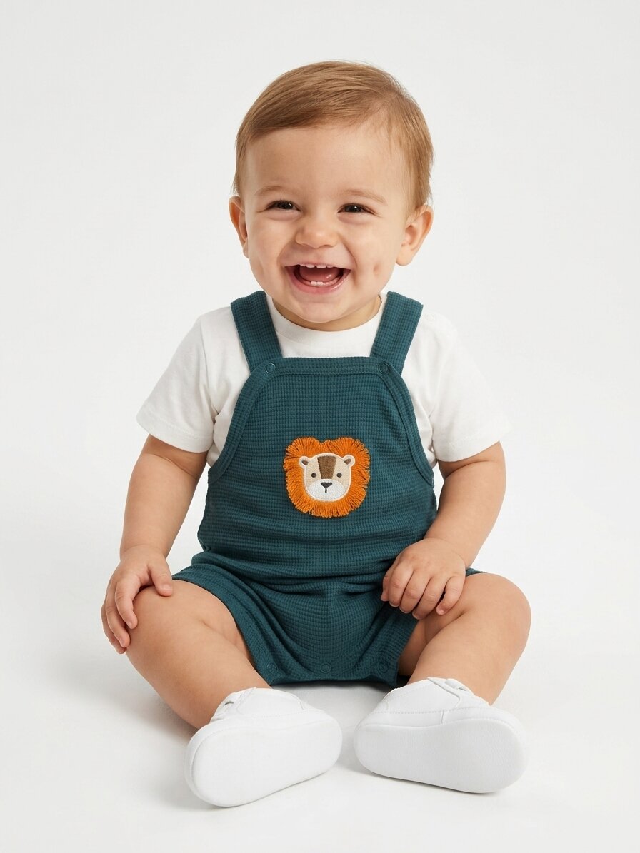 Pamuklu Gofre Kumaş Aslan Detaylı T shirt Salopet 2li Erkek Bebek Takım - Görsel 5