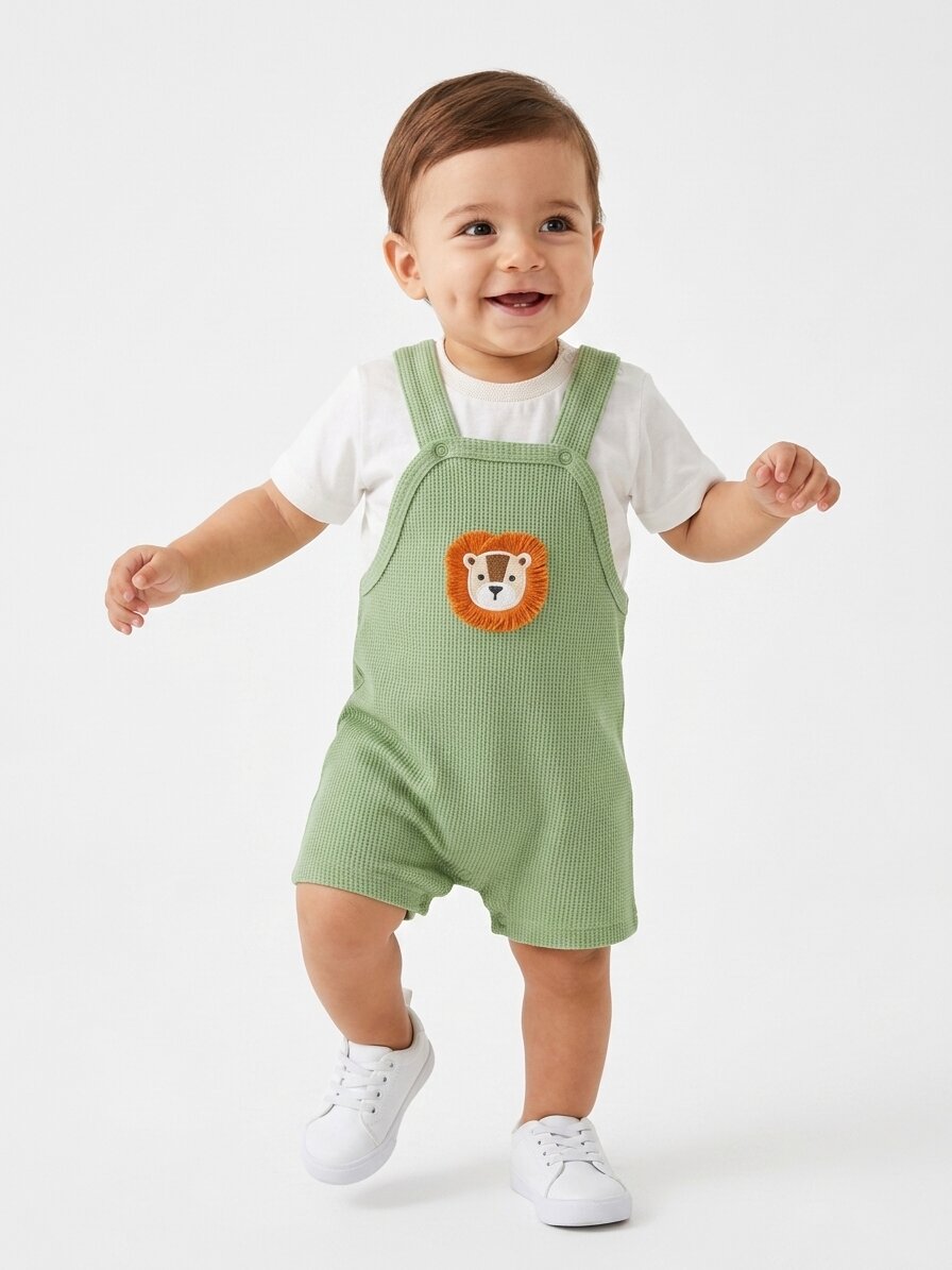 Pamuklu Gofre Kumaş Aslan Detaylı T shirt Salopet 2li Erkek Bebek Takım - Görsel 2