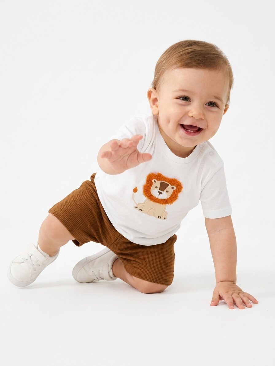 Pamuklu Aslan Detaylı 2li Şortlu Erkek Bebek Takım - Görsel 3