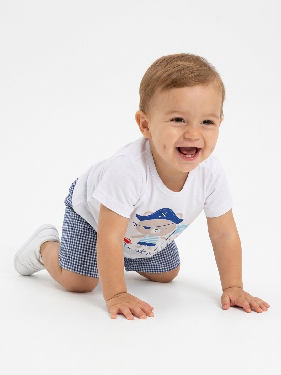Pamuklu Piti Kare Şortlu Desenli Erkek Bebek 2li Takım - Görsel 2
