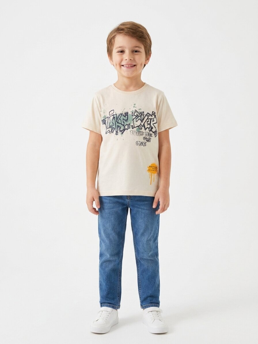 ERKEK ÇOCUK PAMUKLU GRAFFİTİ DETAYLI YUVARLAK, BİSİKLET YAKALI GRI T-SHIRT - Görsel 3
