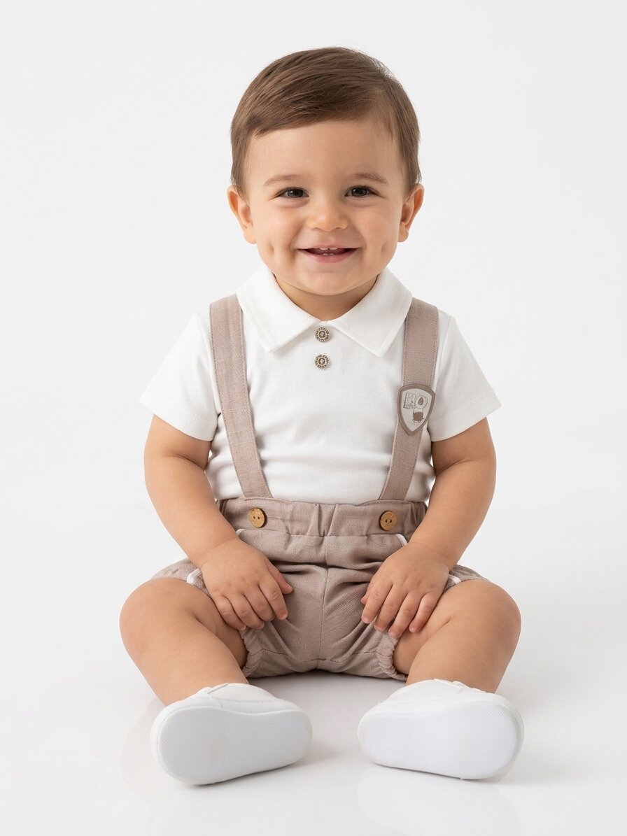 Pamuklu Gömlek Yaka Detaylı 2li Erkek Bebek Salopet Takım - Görsel 3