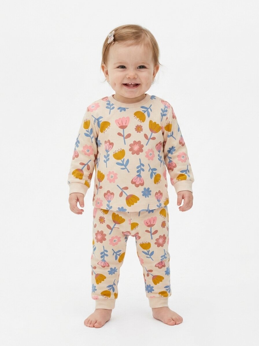 Pamuklu Çiçek Detaylı Kız Bebek Günlük Takım Pijama - Görsel 3
