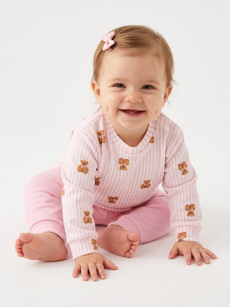 Pamuklu Ayıcık Detaylı Kız Bebek Günlük Takım Pijama - Görsel 3