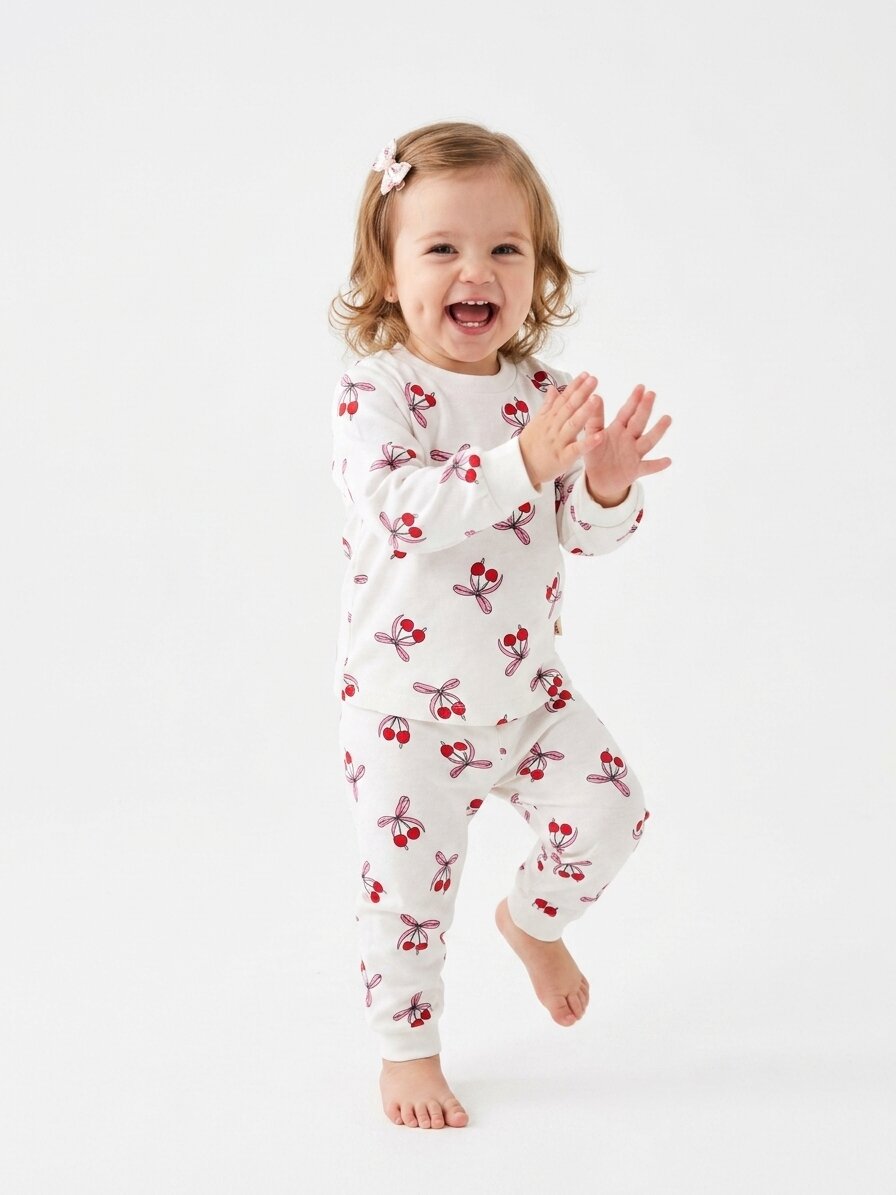 Pamuklu Kiraz Detaylı Kız Bebek Günlük Takım Pijama - Görsel 2