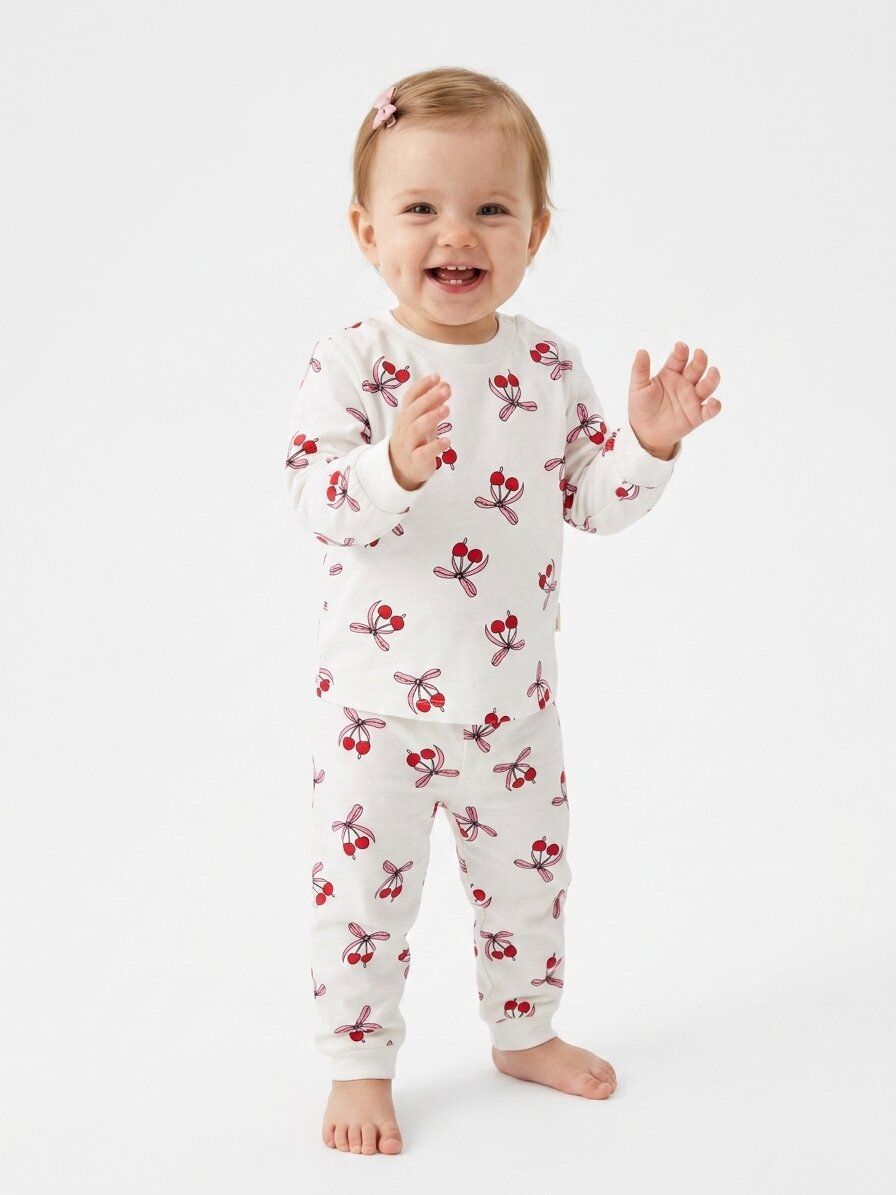 Pamuklu Kiraz Detaylı Kız Bebek Günlük Takım Pijama - Görsel 3
