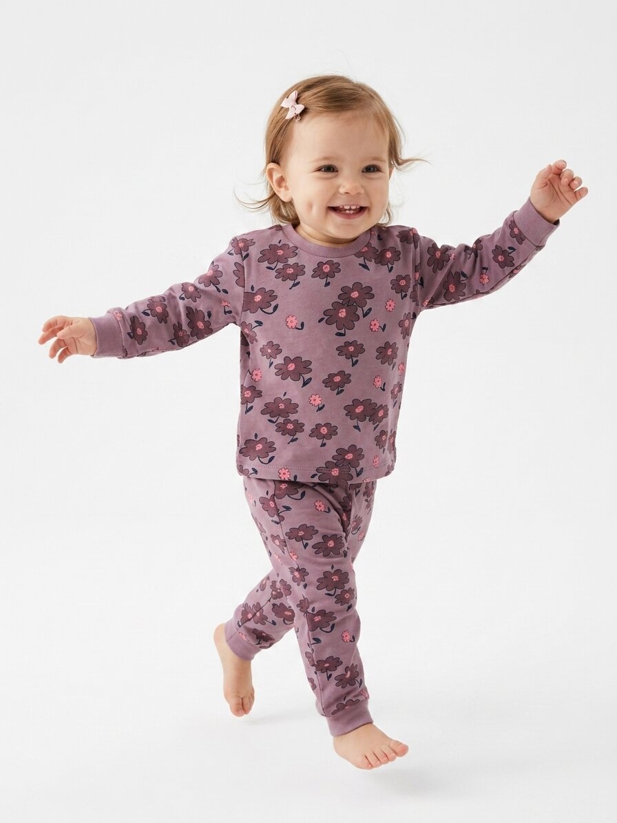 Pamuklu Çiçek Detaylı Kız Bebek Günlük Takım Pijama - Görsel 2