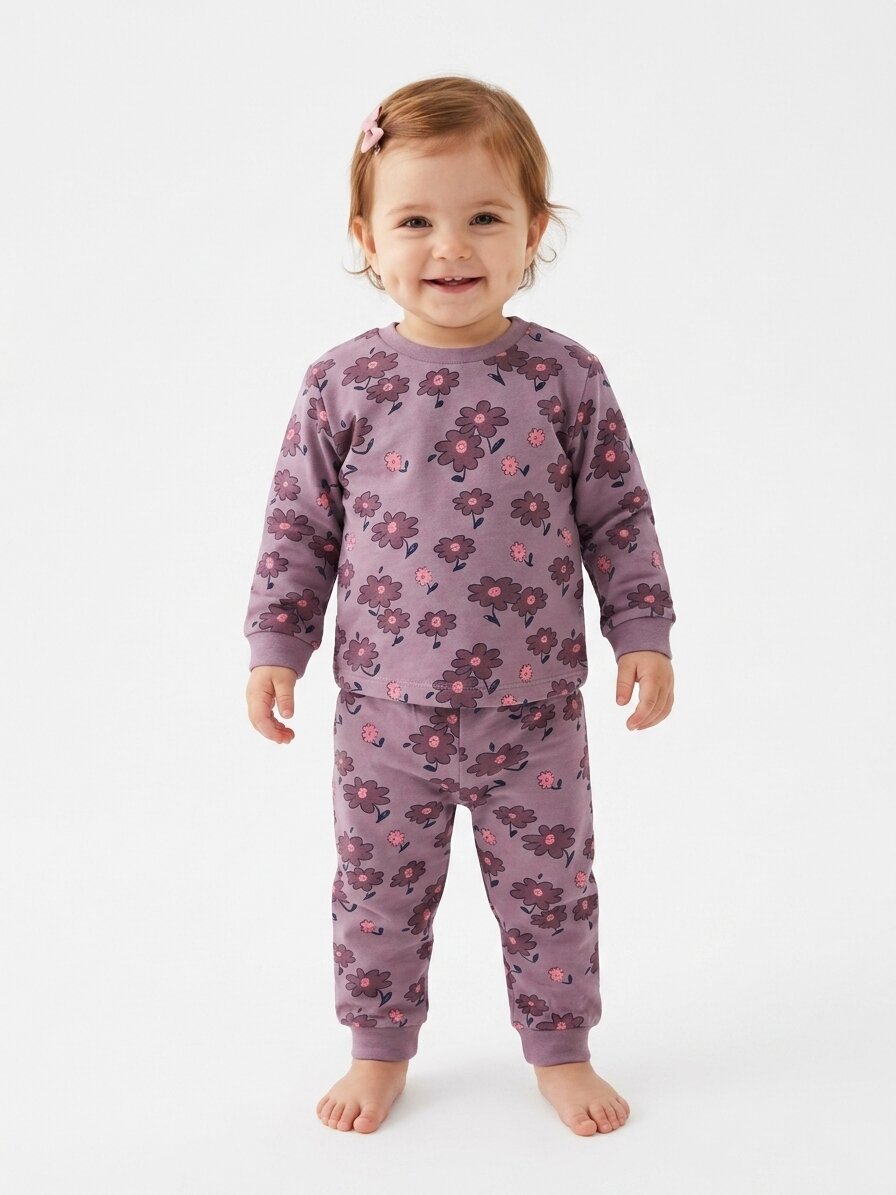 Pamuklu Çiçek Detaylı Kız Bebek Günlük Takım Pijama - Görsel 3