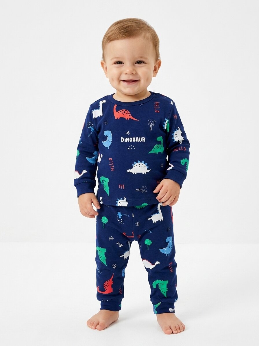 Pamuklu Dinozor Detaylı Erkek Bebek Günlük 2li Takım Pijama - Görsel 3