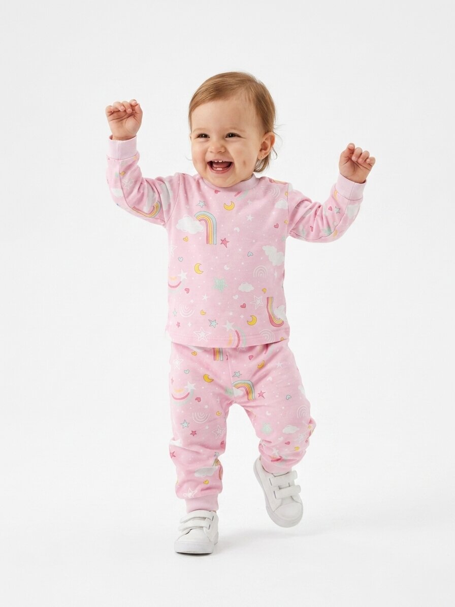 Pamuklu Gökkuşağı Detaylı 2li Kız Bebek Pijama Takımı - Görsel 2