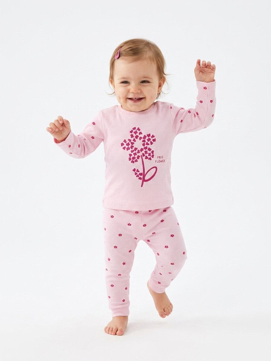 Pamuklu Çiçek Detaylı 2li Kız Bebek Pijama  Takımı - Görsel 2