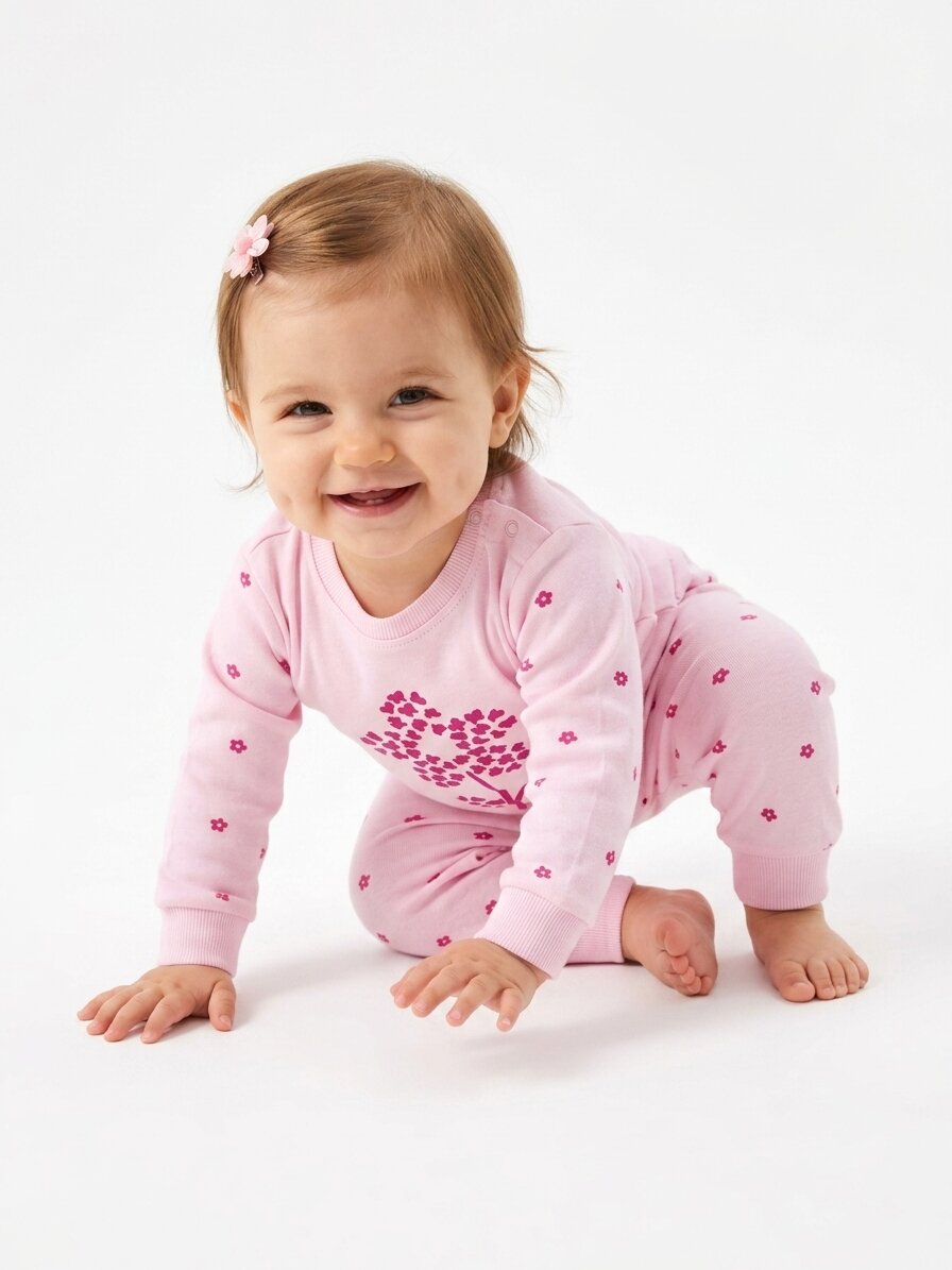 Pamuklu Çiçek Detaylı 2li Kız Bebek Pijama  Takımı - Görsel 3