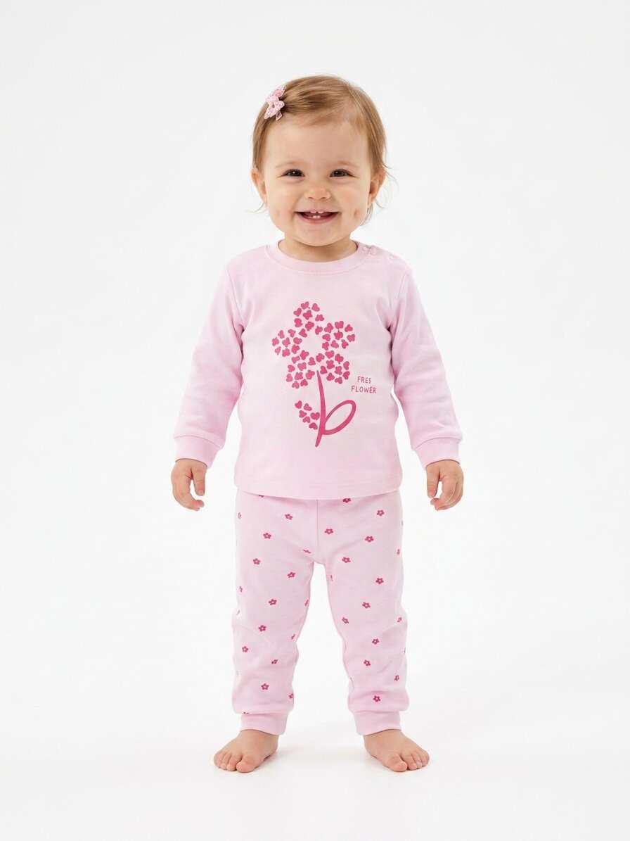Pamuklu Çiçek Detaylı 2li Kız Bebek Pijama  Takımı - Görsel 4