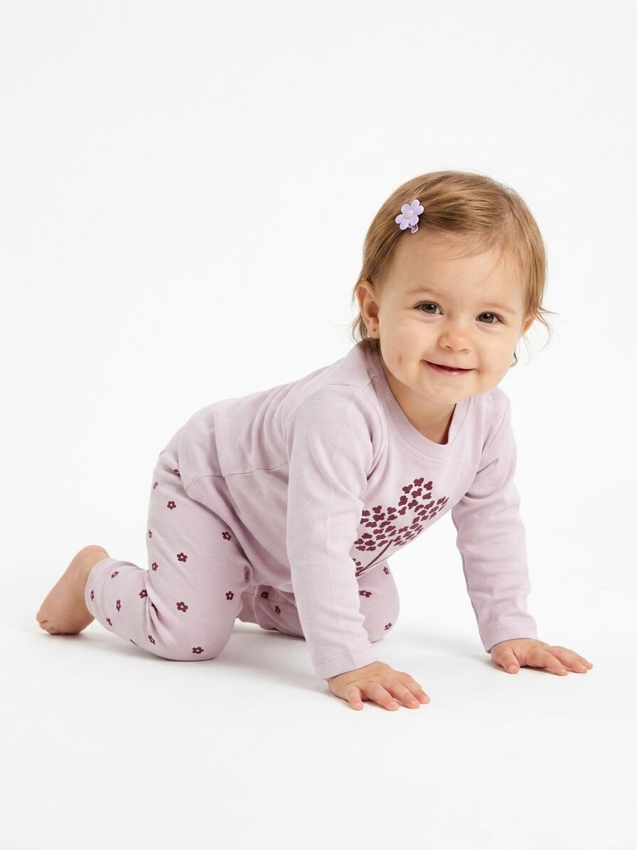 Pamuklu Çiçek Detaylı 2li Kız Bebek Pijama  Takımı - Görsel 2