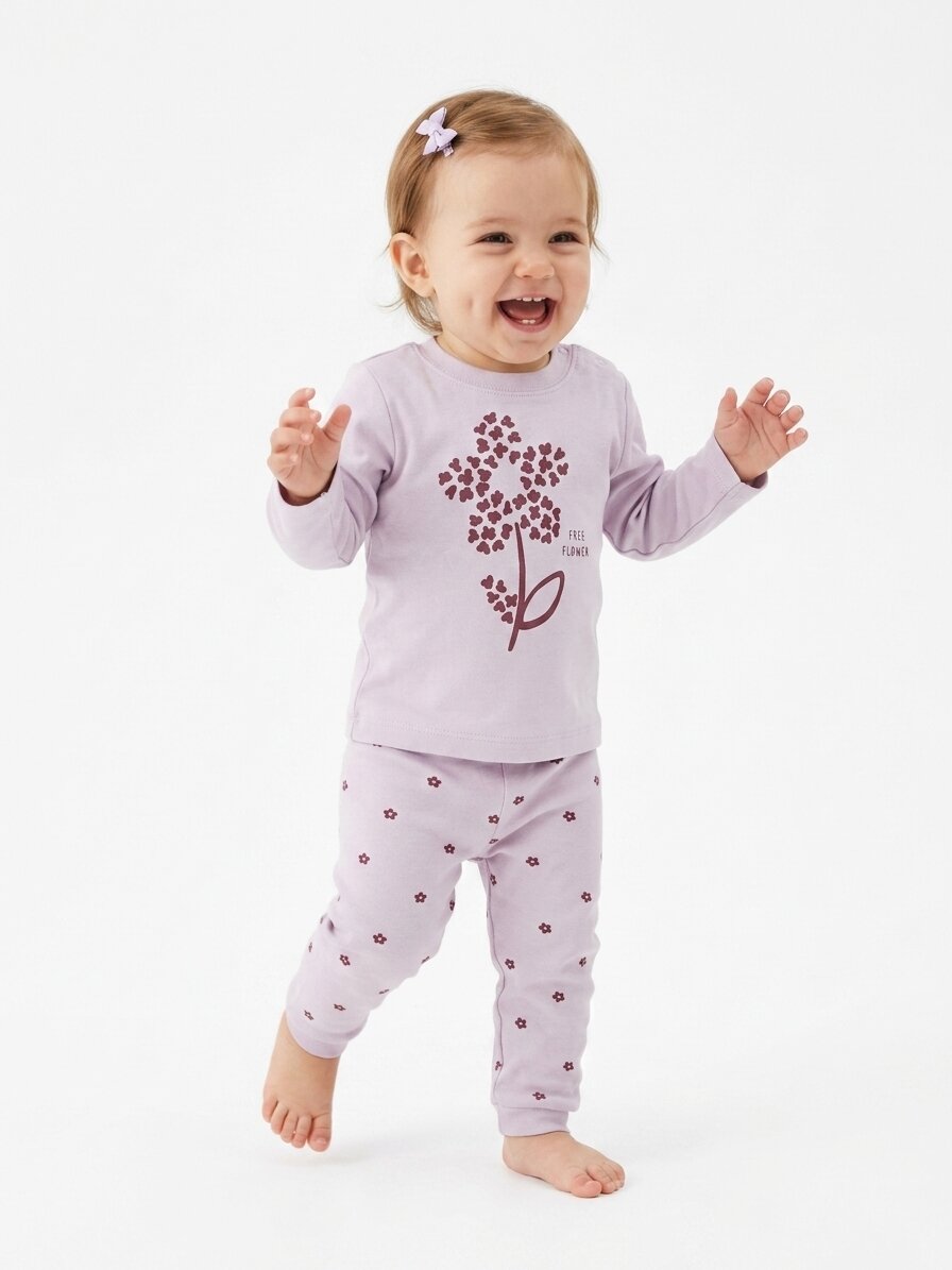Pamuklu Çiçek Detaylı 2li Kız Bebek Pijama  Takımı - Görsel 3