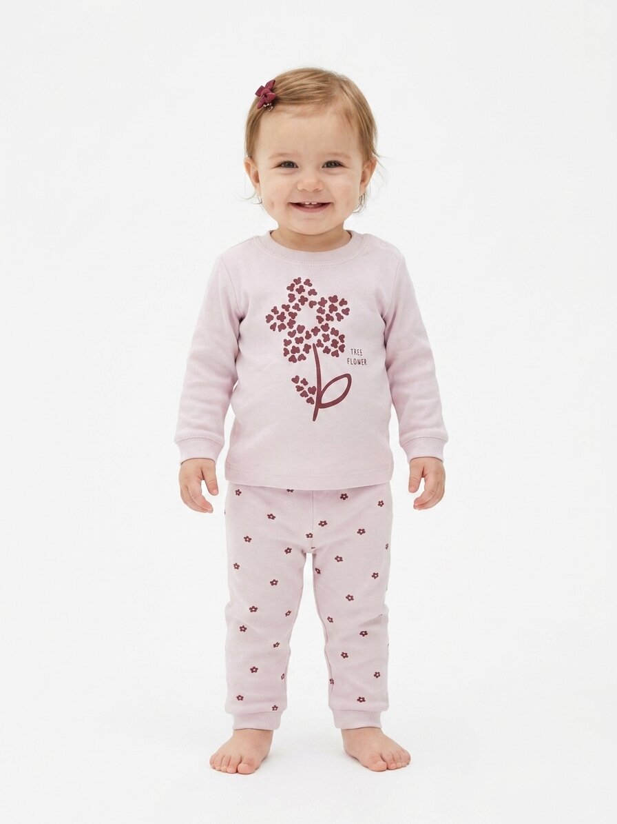 Pamuklu Çiçek Detaylı 2li Kız Bebek Pijama  Takımı - Görsel 4