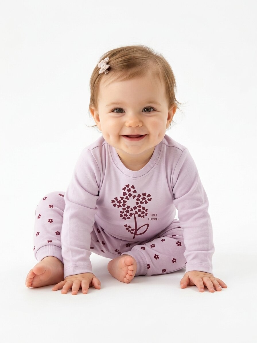 Pamuklu Çiçek Detaylı 2li Kız Bebek Pijama  Takımı - Görsel 5
