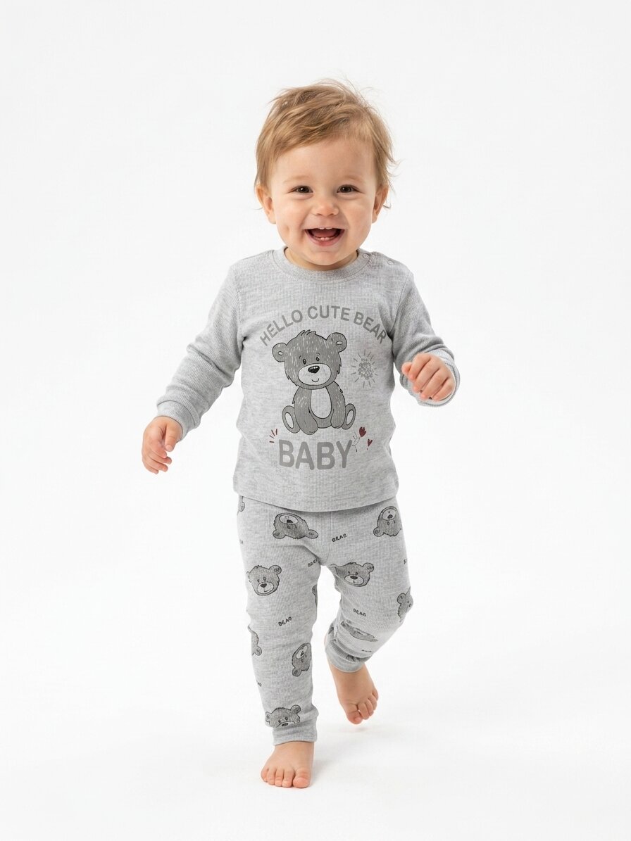 Pamuklu Ayıcık Detaylı 2li Erkek Bebek Pijama Takımı - Görsel 2