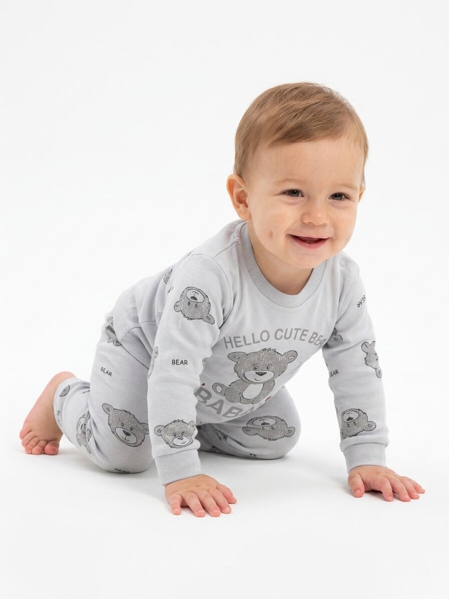 Pamuklu Ayıcık Detaylı 2li Erkek Bebek Pijama Takımı - Görsel 3