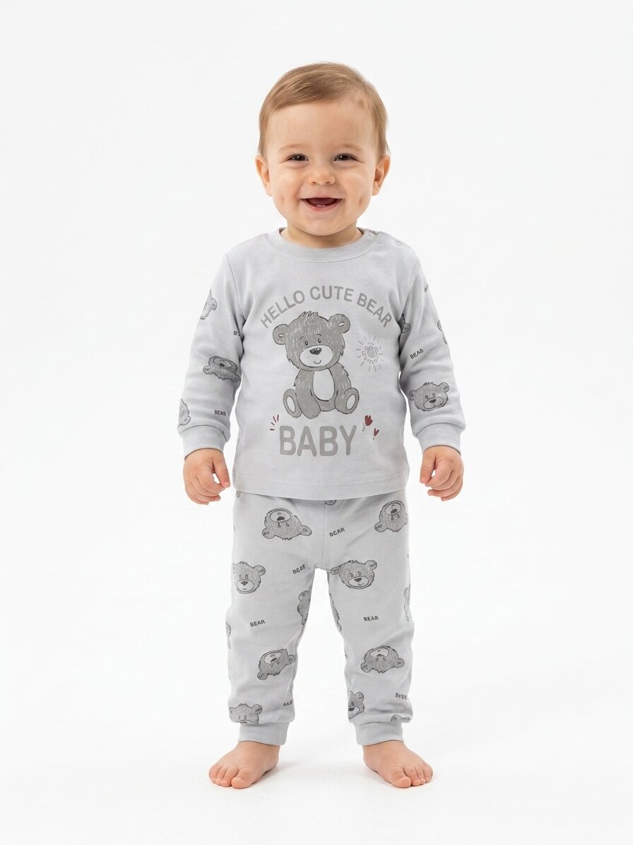 Pamuklu Ayıcık Detaylı 2li Erkek Bebek Pijama Takımı - Görsel 4