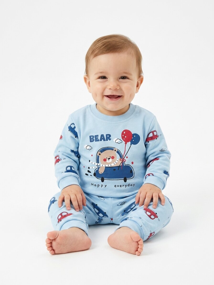 Pamuklu Ayıcık Detaylı 2li Erkek Bebek Pijama Takımı Varyantı