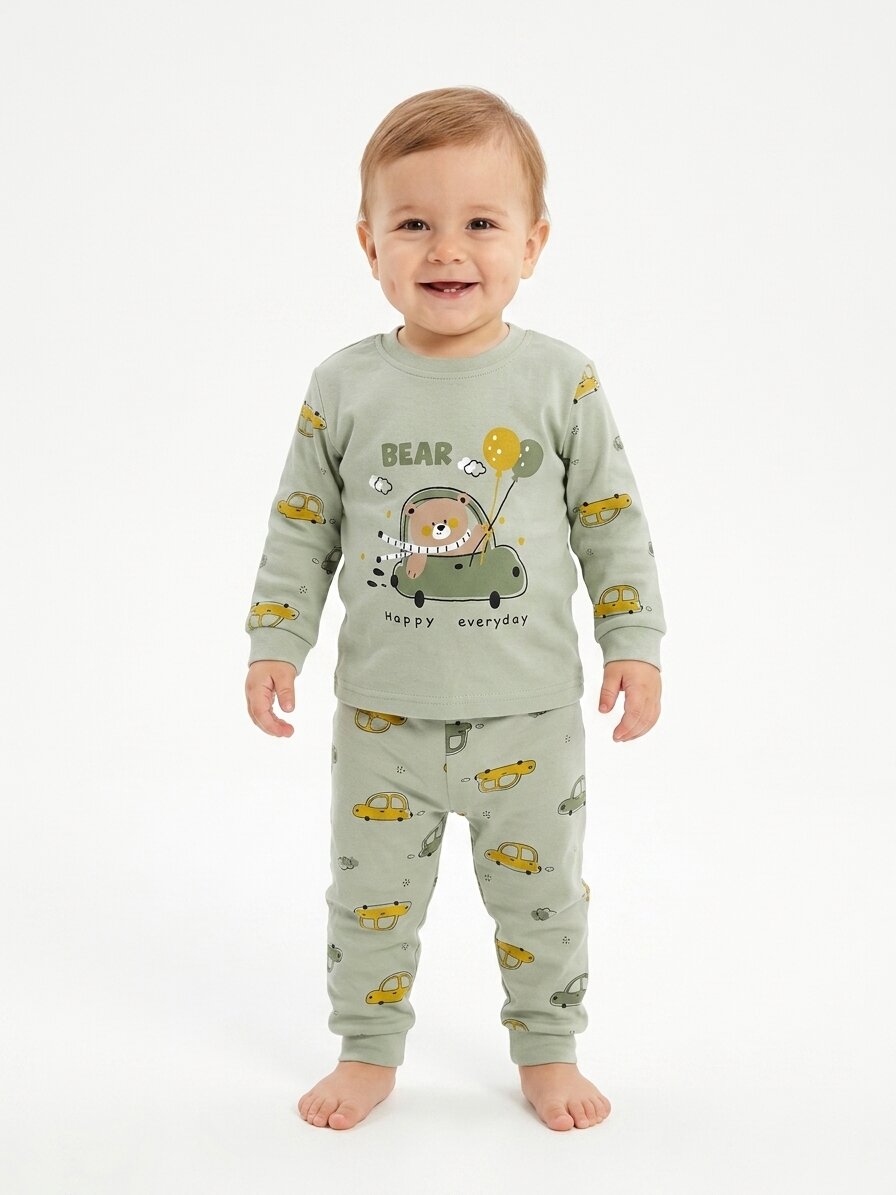 Pamuklu Ayıcık Detaylı 2li Erkek Bebek Pijama Takımı - Görsel 4