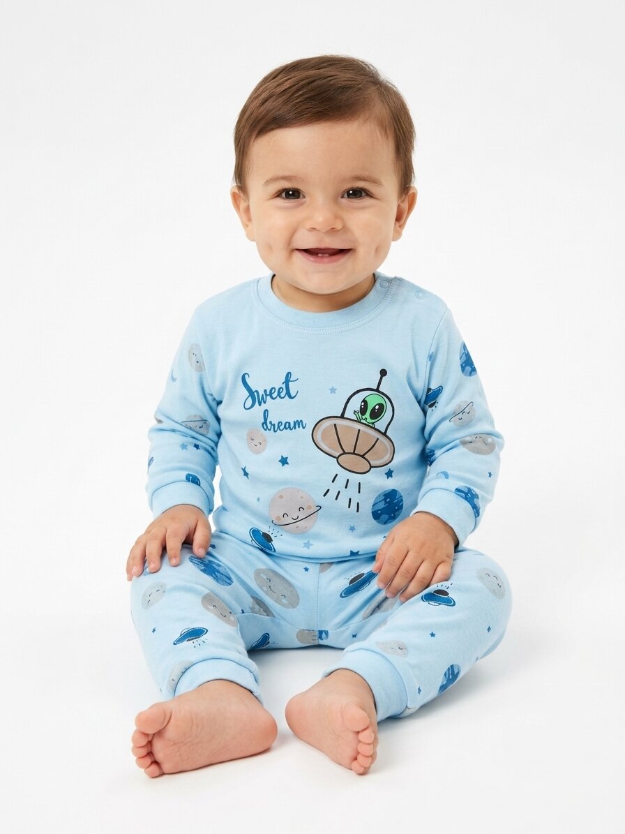 Pamuklu Uzay Detaylı 2li Erkek Bebek Pijama Takımı Varyantı