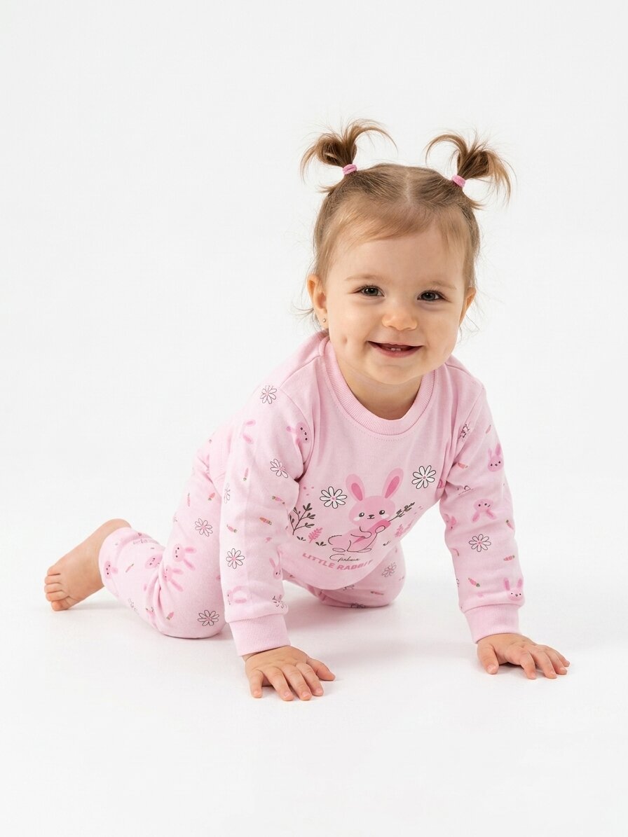 Pamuklu Tavşan Detaylı 2li Kız Bebek Pijama Takımı - Görsel 2