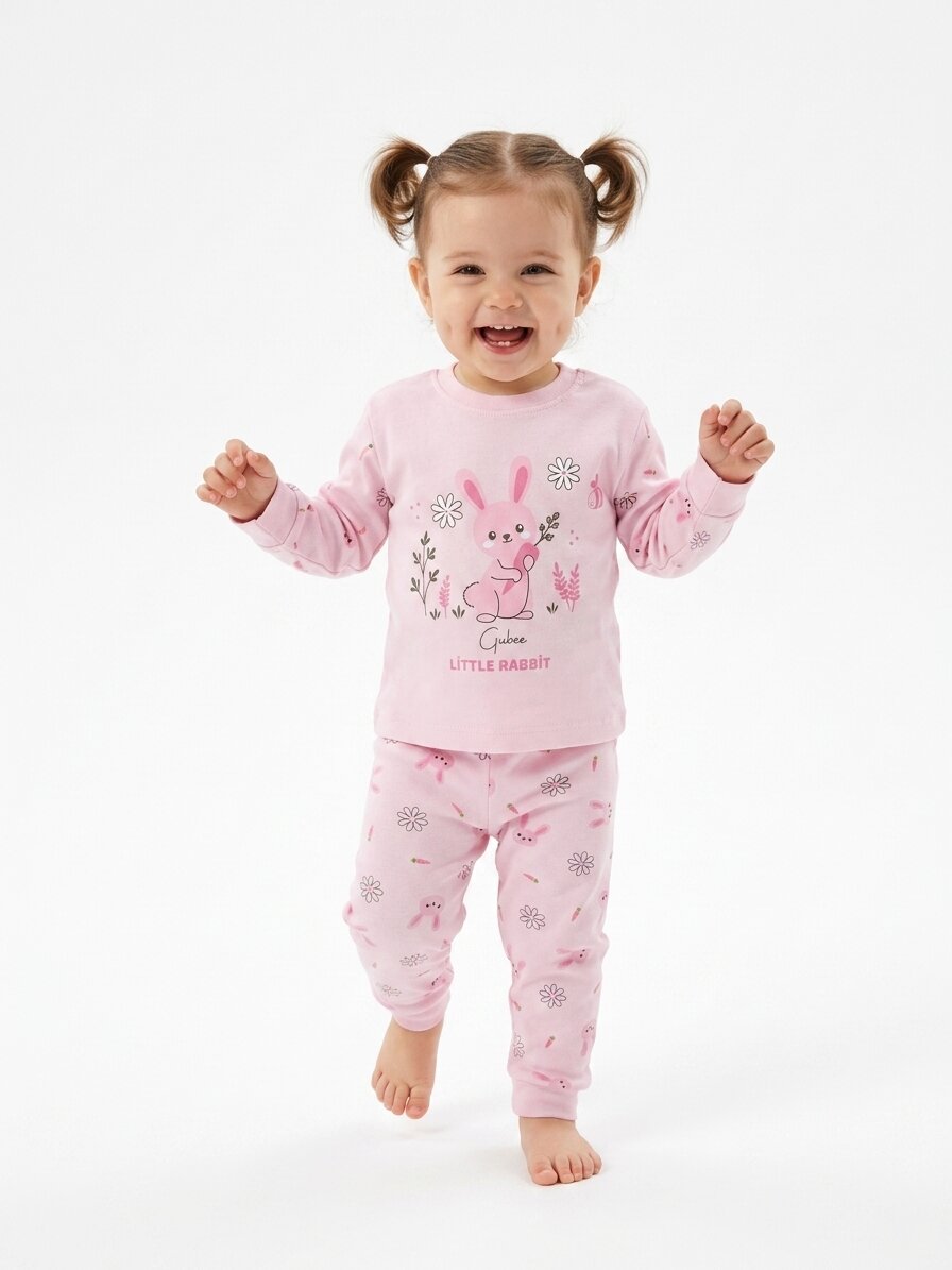 Pamuklu Tavşan Detaylı 2li Kız Bebek Pijama Takımı - Görsel 3