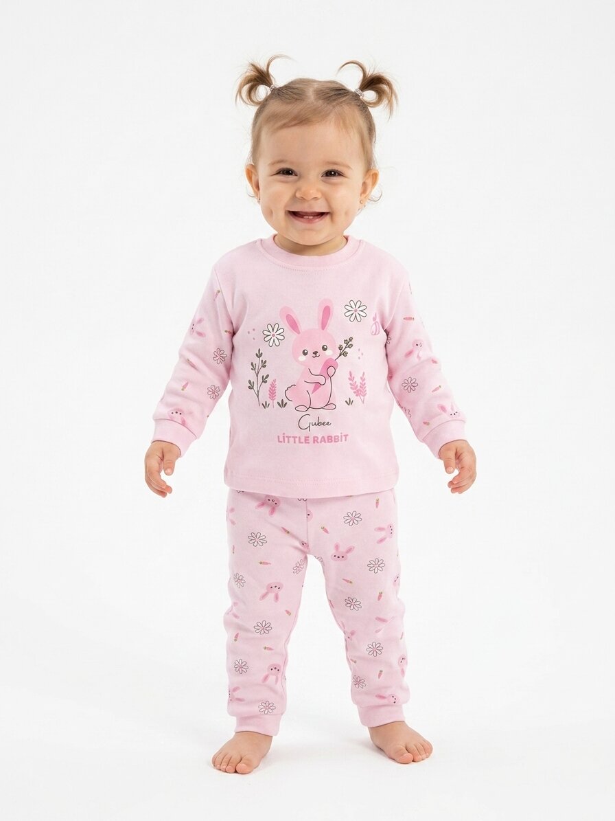 Pamuklu Tavşan Detaylı 2li Kız Bebek Pijama Takımı - Görsel 4